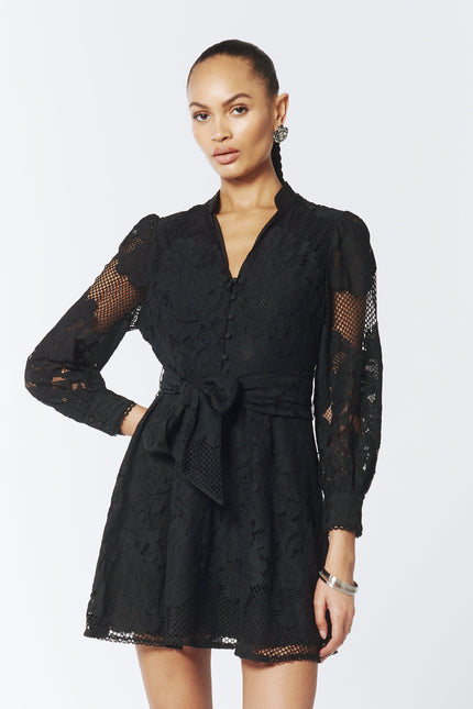 SOUR FIGS Sheer Lace Long Sleeve Mini Dress in Black 