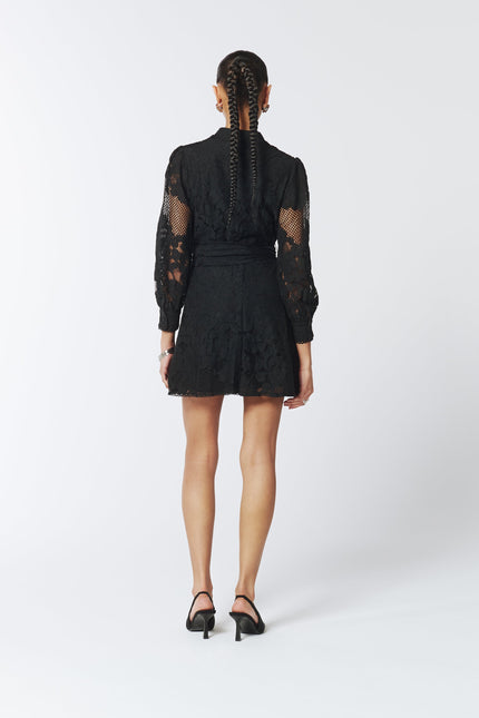 SOUR FIGS Sheer Lace Long Sleeve Mini Dress in Black 