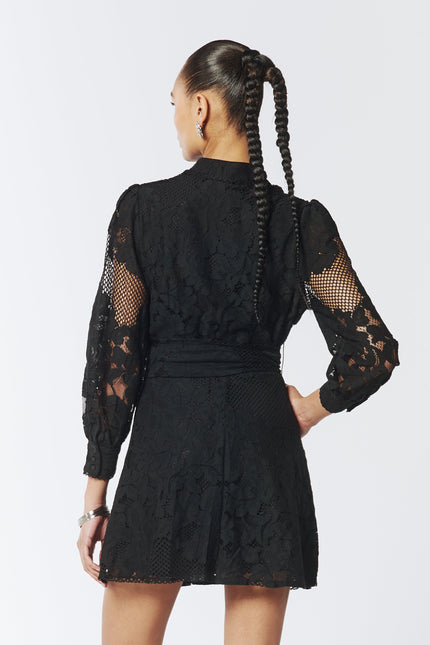 SOUR FIGS Sheer Lace Long Sleeve Mini Dress in Black 