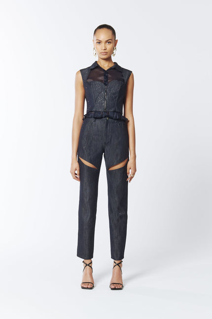 SOUR FIGS Composite Sparkly Denim Bustier Blouse in Profound Blue