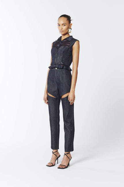 SOUR FIGS Composite Sparkly Denim Bustier Blouse in Profound Blue