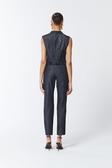 SOUR FIGS Composite Sparkly Denim Bustier Blouse in Profound Blue