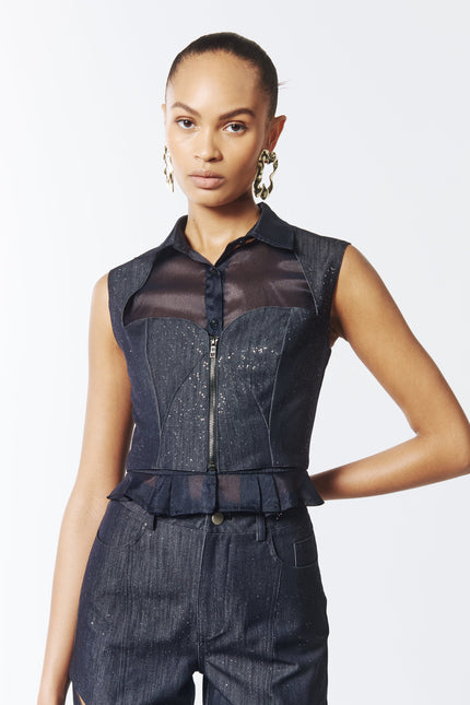 SOUR FIGS Composite Sparkly Denim Bustier Blouse in Profound Blue