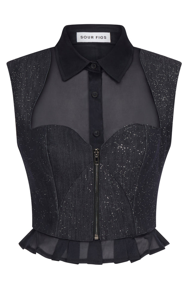 SOUR FIGS Composite Sparkly Denim Bustier Blouse in Profound Blue