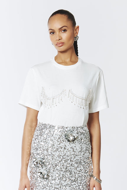 SOUR FIGS Crystal Fringed T-shirt in White crystal bustier top