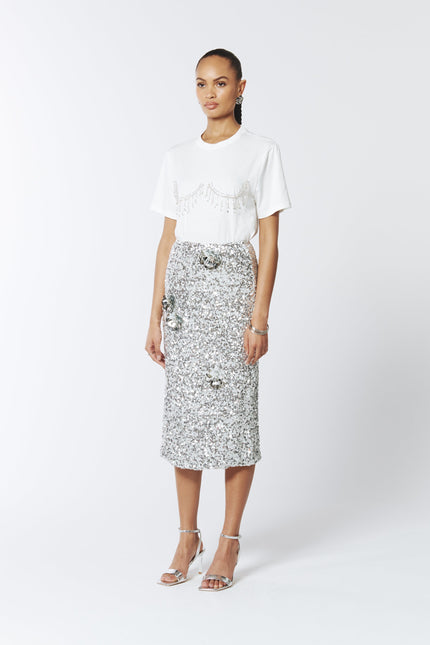 SOUR FIGS Crystal Fringed T-shirt in White crystal bustier top