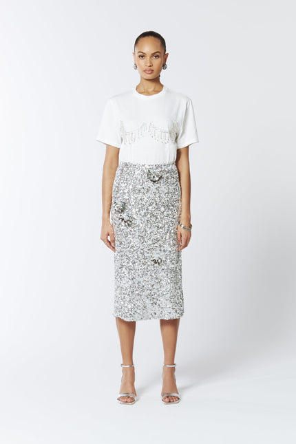 SOUR FIGS Crystal Fringed T-shirt in White crystal bustier top