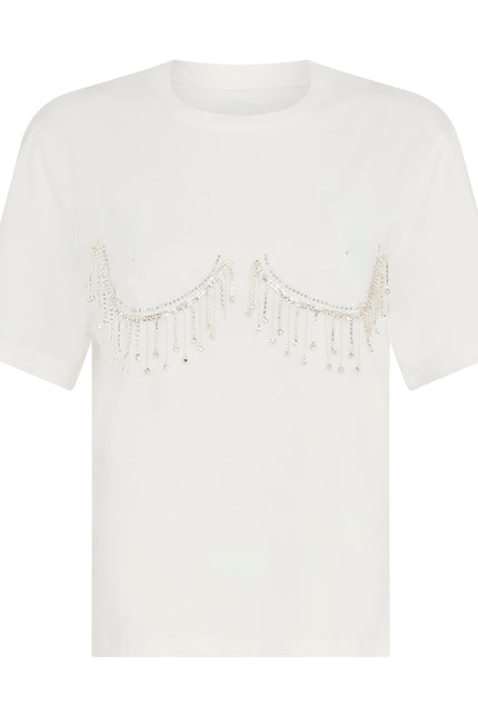 SOUR FIGS Crystal Fringed T-shirt in White crystal bustier top