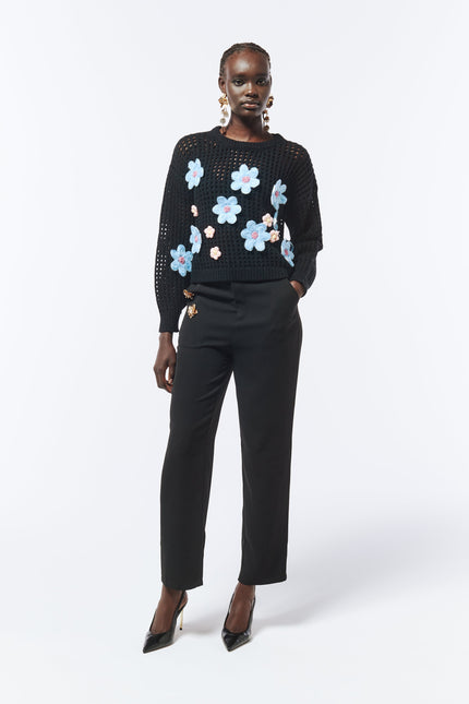SOUR FIGS Daisy Detail Knit Jumper in Black