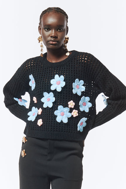 SOUR FIGS Daisy Detail Knit Sweater in Black