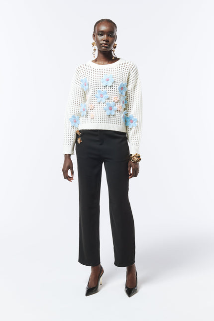 SOUR FIGS Daisy Detail Knit Jumper in White