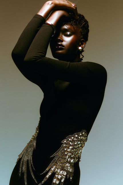 SOUR FIGS black sequin dress with wing embellishment