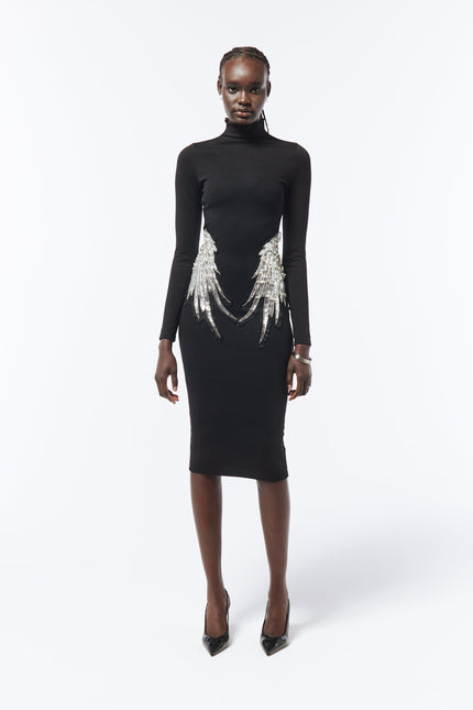 SOUR FIGS Embellished Wing Detail Turtleneck Dress in Black