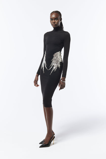 SOUR FIGS Embellished Wing Detail Turtleneck Dress in Black