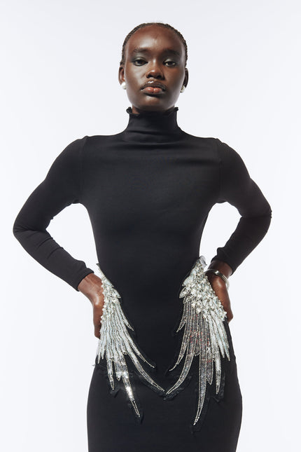 SOUR FIGS Embellished Wing Detail Turtleneck dress fabric detail