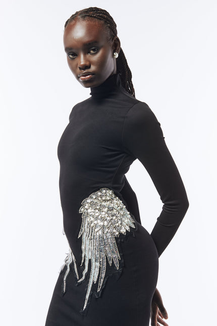 SOUR FIGS Embellished Wing Detail Turtleneck Dress in Black