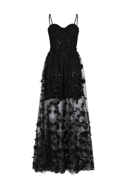 SOUR FIGS Floral Embellished Bustier Sheer Gown in Black