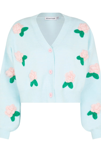 SOUR FIGS Flower Detail Knit Cardigan in Baby Blue