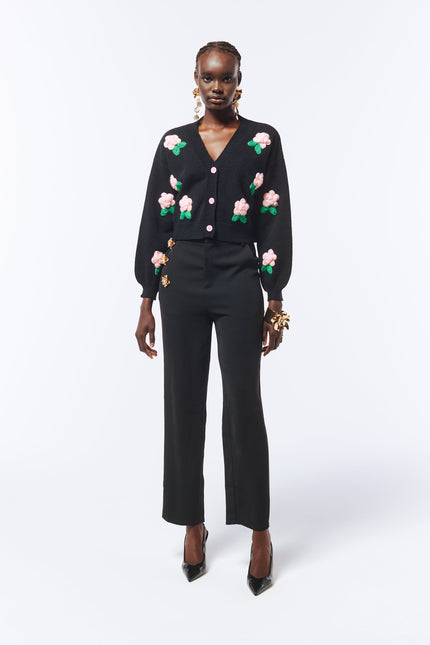SOUR FIGS Flower Detail Knit Cardigan in Black