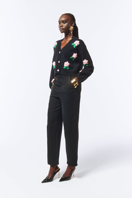 SOUR FIGS Flower Detail Knit Cardigan in Black