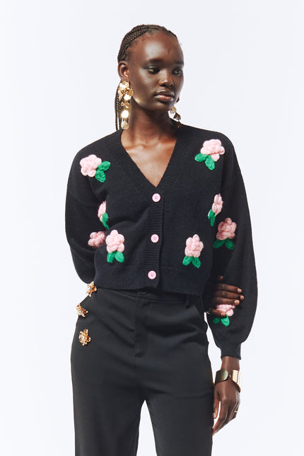 SOUR FIGS Flower Detail Knit Cardigan in Black