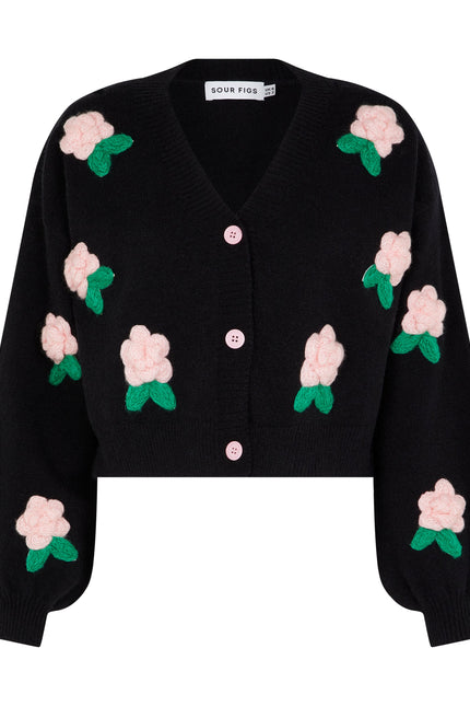 SOUR FIGS Flower Detail Knit Cardigan in Black