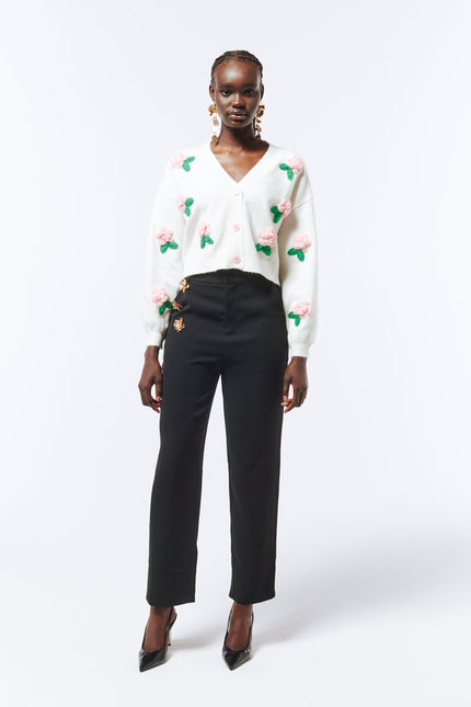 SOUR FIGS Flower Detail Knit Cardigan in Ivory White