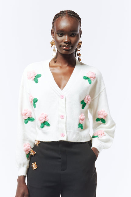 SOUR FIGS Flower Detail Knit Cardigan in Ivory White 
