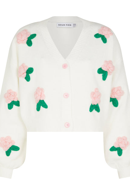 SOUR FIGS Flower Detail Knit Cardigan in Ivory White