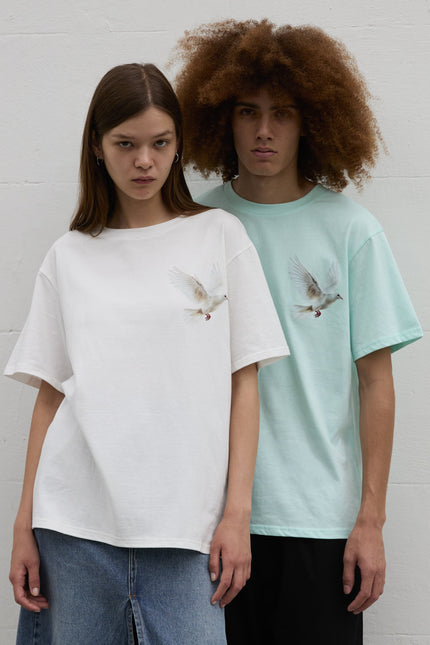 SOUR FIGS Flying Dove Print Unisex T-Shirt in Light Mint Green