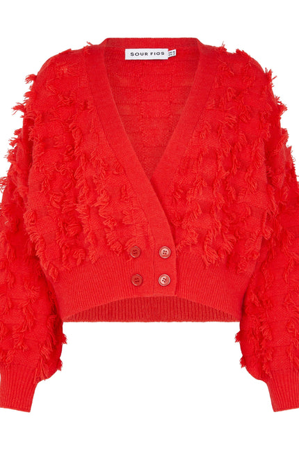 SOUR FIGS Fringed Checkerboard Cardigan in Lust Red