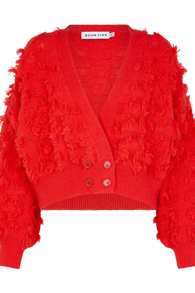 SOUR FIGS Fringed Checkerboard Cardigan in Lust Red
