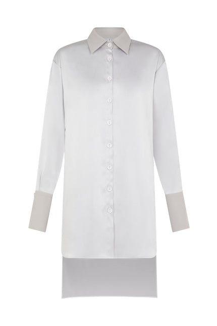 SOUR FIGS silver oversized satin shirt dress with asymmetric high-low hem – modern and elegant.