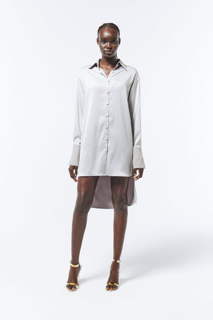 Luxury high-low satin shirt dress in silver by SOUR FIGS – oversized fit for effortless chic.