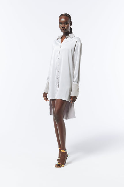SOUR FIGS oversized asymmetric satin dress in silver – sophisticated and versatile statement piece.