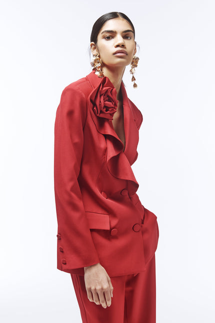 Close-up of ruffle lapel and 3D rose appliqué on SOUR FIGS vivid burgundy red blazer.