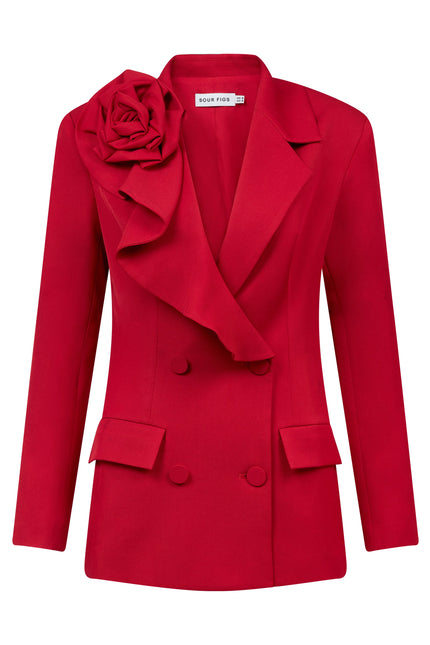Flat lay of SOUR FIGS Rose-Detail Double-Breasted Blazer in Vivid Burgundy Red showing buttons and rose detail.