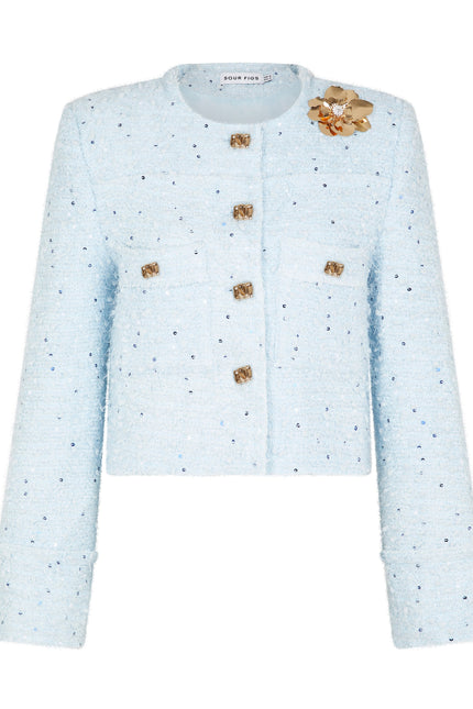 SOUR FIGS Sequined Brooch-detail Bouclé Tweed Jacket in Baby Blue