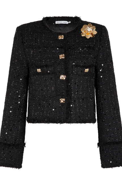SOUR FIGS Sequined Brooch-detail Bouclé Tweed Jacket in Black