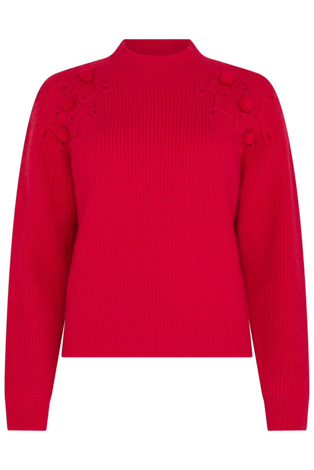 Flat studio image of Shoulder-Detail Bobble-Knit Jumper in Crimson Red from SOUR FIGS
