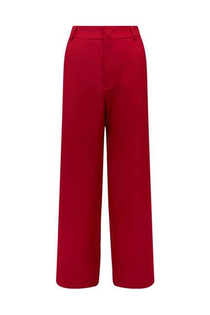 Flat lay of SOUR FIGS Tailored High-Waisted Wide-Leg Trousers in Vivid Burgundy Red.