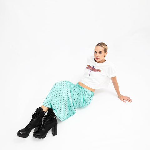 Janara Jones | Aquamarine Polkadot Low-Waisted Maxi Skirt