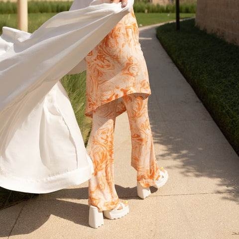 Janara Jones | Orange Tie Dye Synthetic Wide Leg Trousers