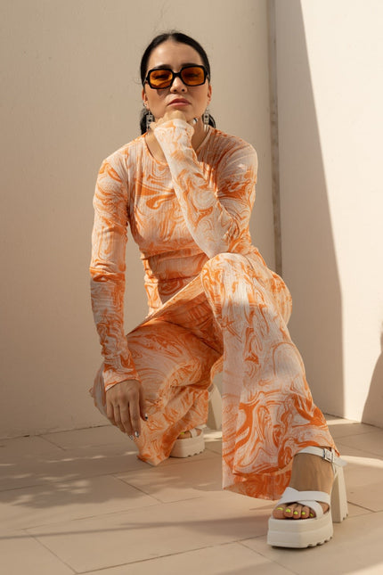 Janara Jones | Orange Tie Dye Synthetic Wide Leg Trousers