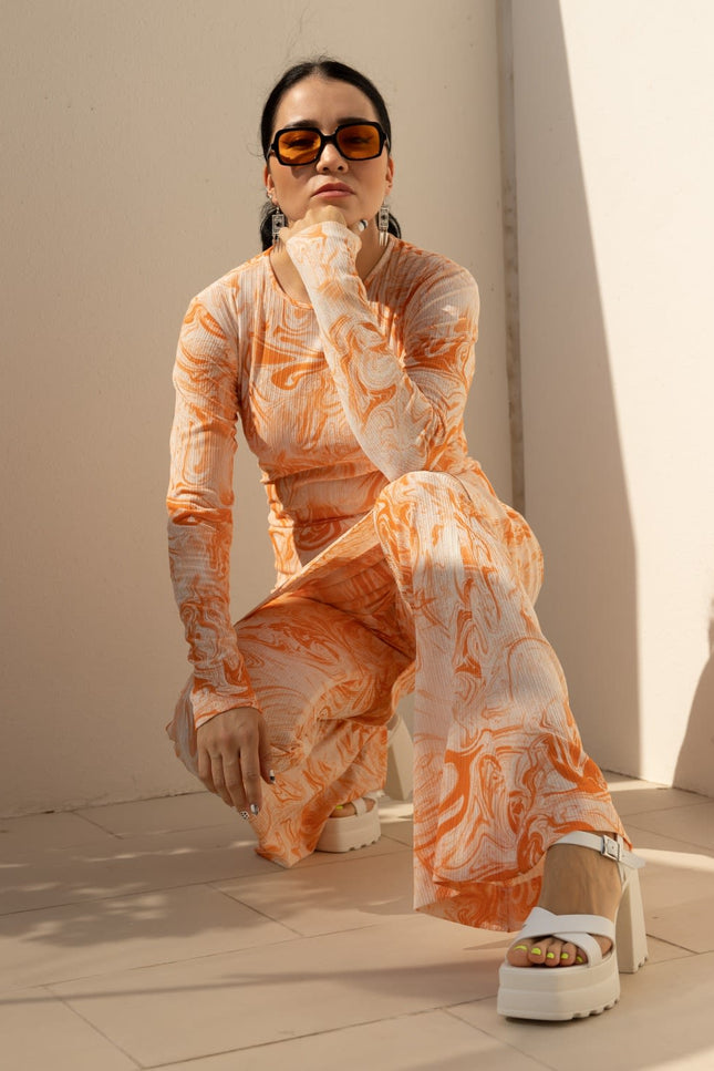 Janara Jones | Orange Tie Dye Synthetic Wide Leg Trousers