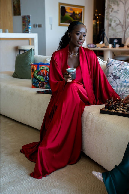 Janara Jones | Burgundy Satin Abaya Kaftan