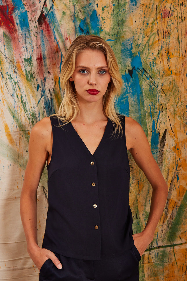 Jakson Sustainable Satin Back Crepe Waistcoat - Navy - Detail 4