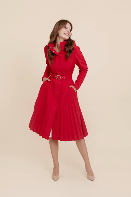 RainSisters | Fit and Flare Red Women's A-line Coat with Pleated Skirt | Scarlet Waltz