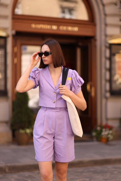 BÚDZIKO | MARSHMALLOW LINEN PUFFED SLEEVED LAVENDER BLAZER