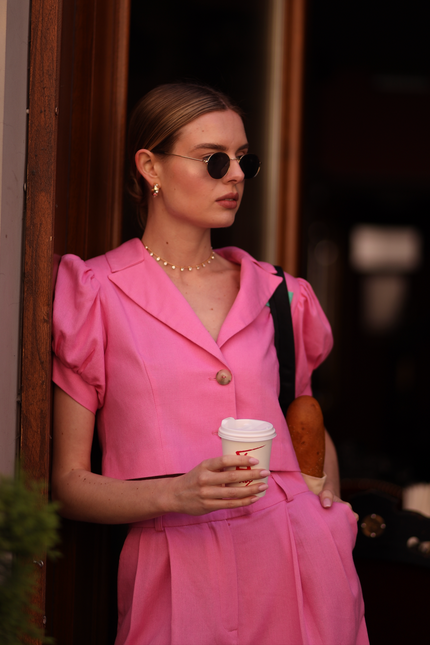 BÚDZIKO | MARSHMALLOW LINEN PUFFED SLEEVED PINK BLAZER